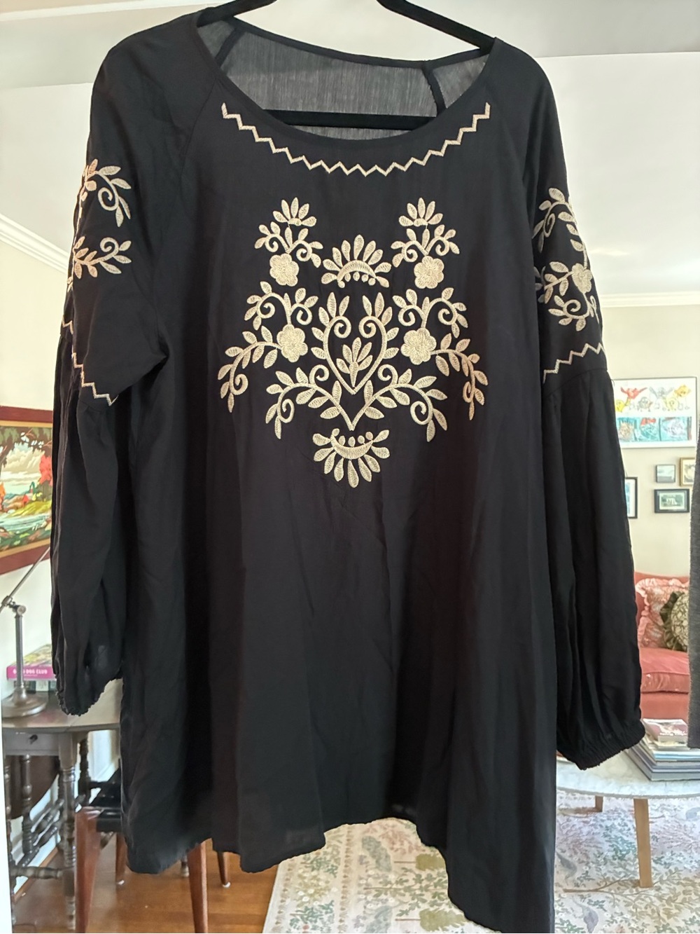 SHEIN Black Tunic with Cream Floral Embroidery